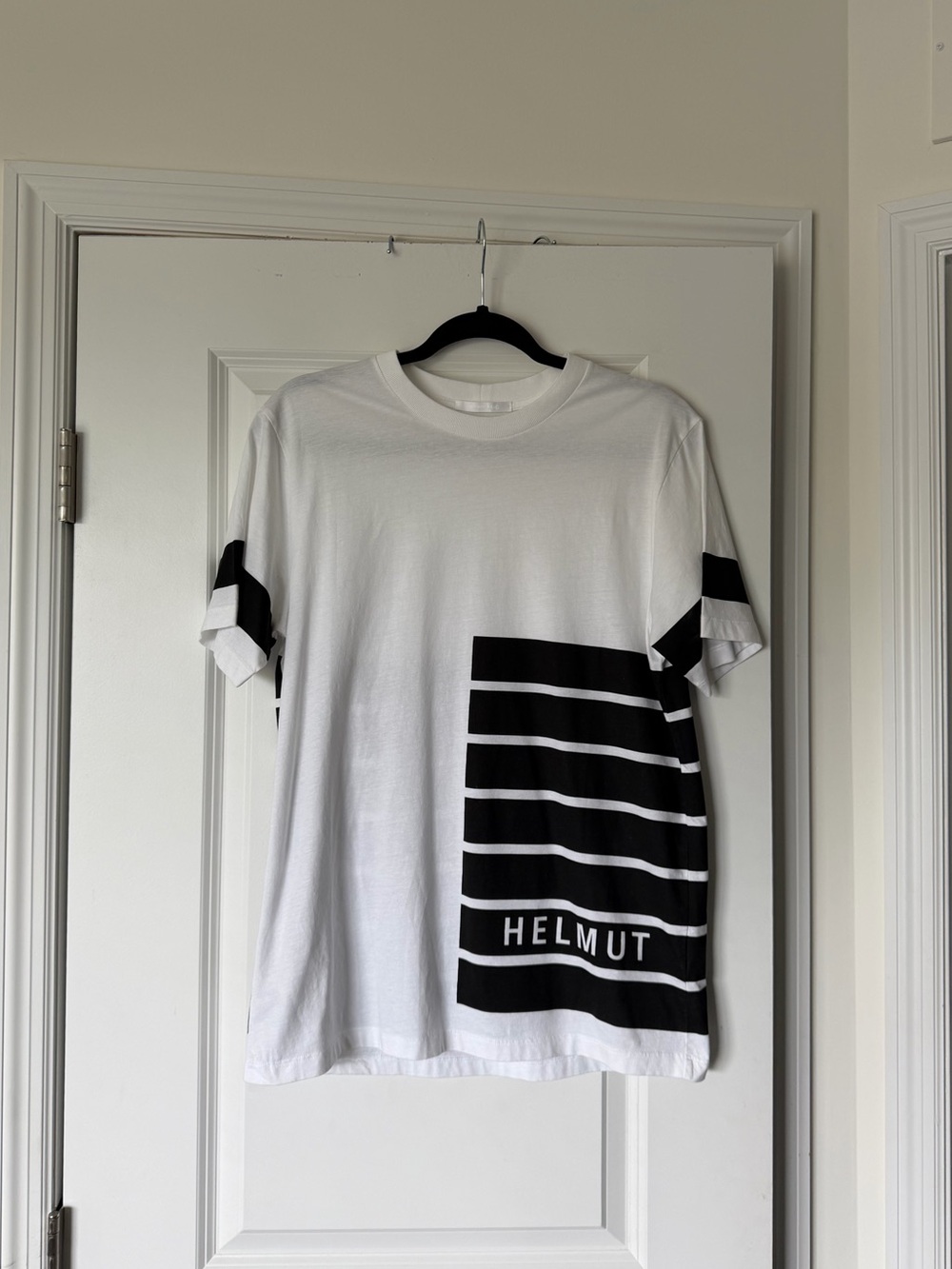 Helmut Lang Logo Stripe Tee White with Black Stripes